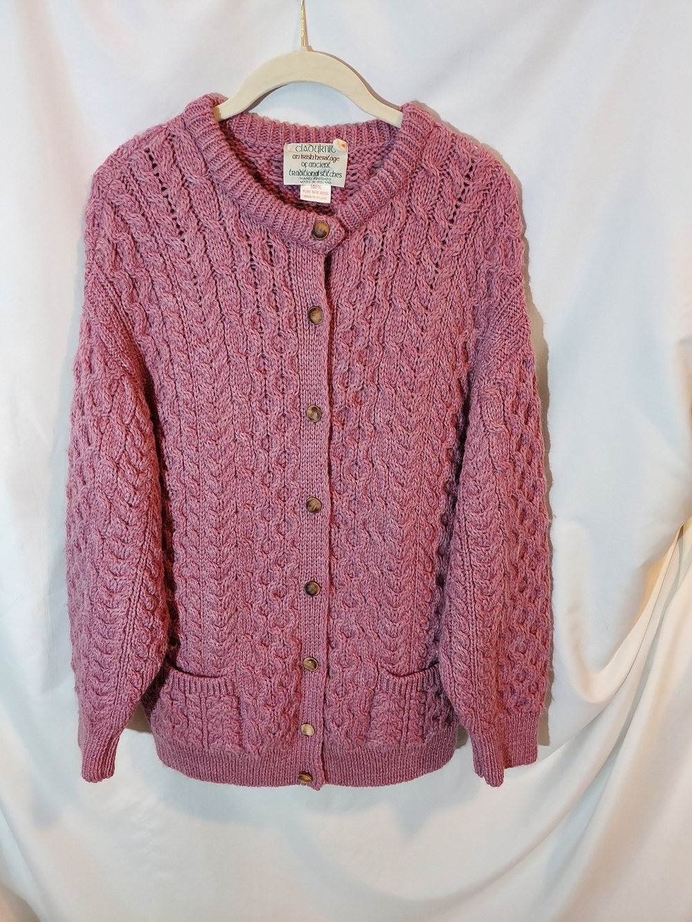 VTG CladyKnit Mauve Irish Wool Aran Cable Knit Fisherman Cardigan Sweater